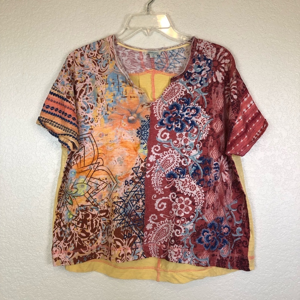 Sundance Yellow Mixed Print Rolled Sleeve Raw Edge Notch Neck Boxy Tee Small